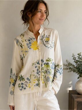 Draper’s & Damon’s 100% Silk Bird Botanical Print Blouse Petite Large